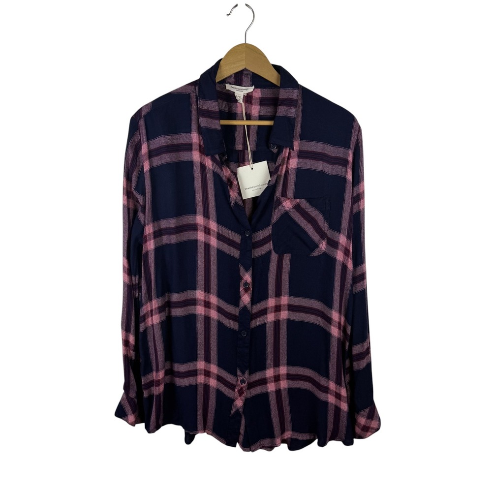 NWT Beachlunchlounge Charley Plaid Flannel Button Down Shirt Large Eggplant Fall